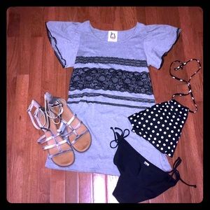 Gray black lace flutter sleeve shirt dress